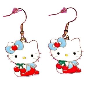 Hello Kitty Cherries Blue Ribbon Sailor Girl Gold Plated Dangle Drop Earrings
